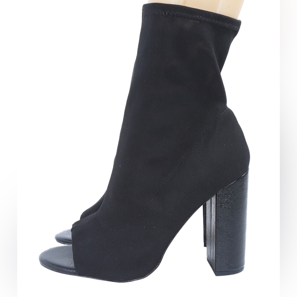 New Mix No. 6 Condello Black Stretch Fabric  Peeptoe Chunky Heel Boots 9.5